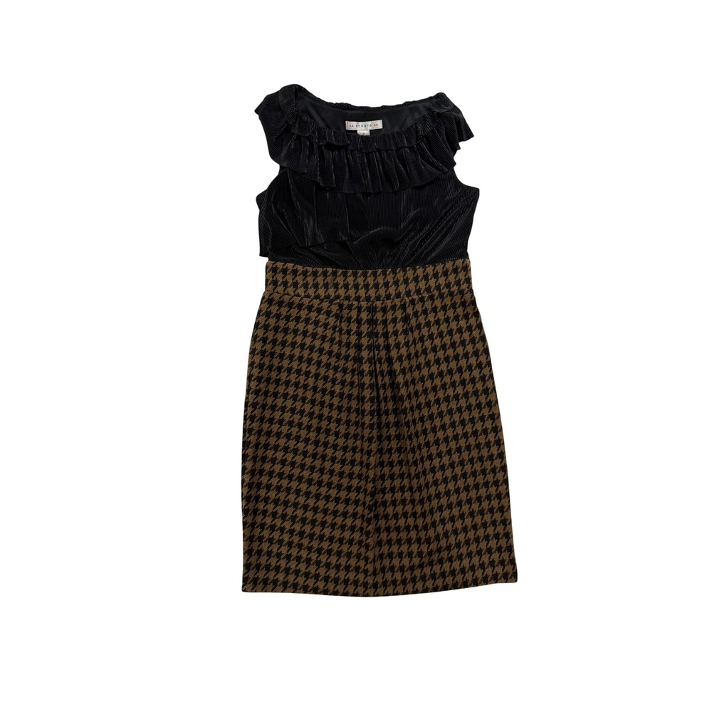 AA Studio Size 6 Black Pleated Ruffle Top Houndstooth Skirt Dress